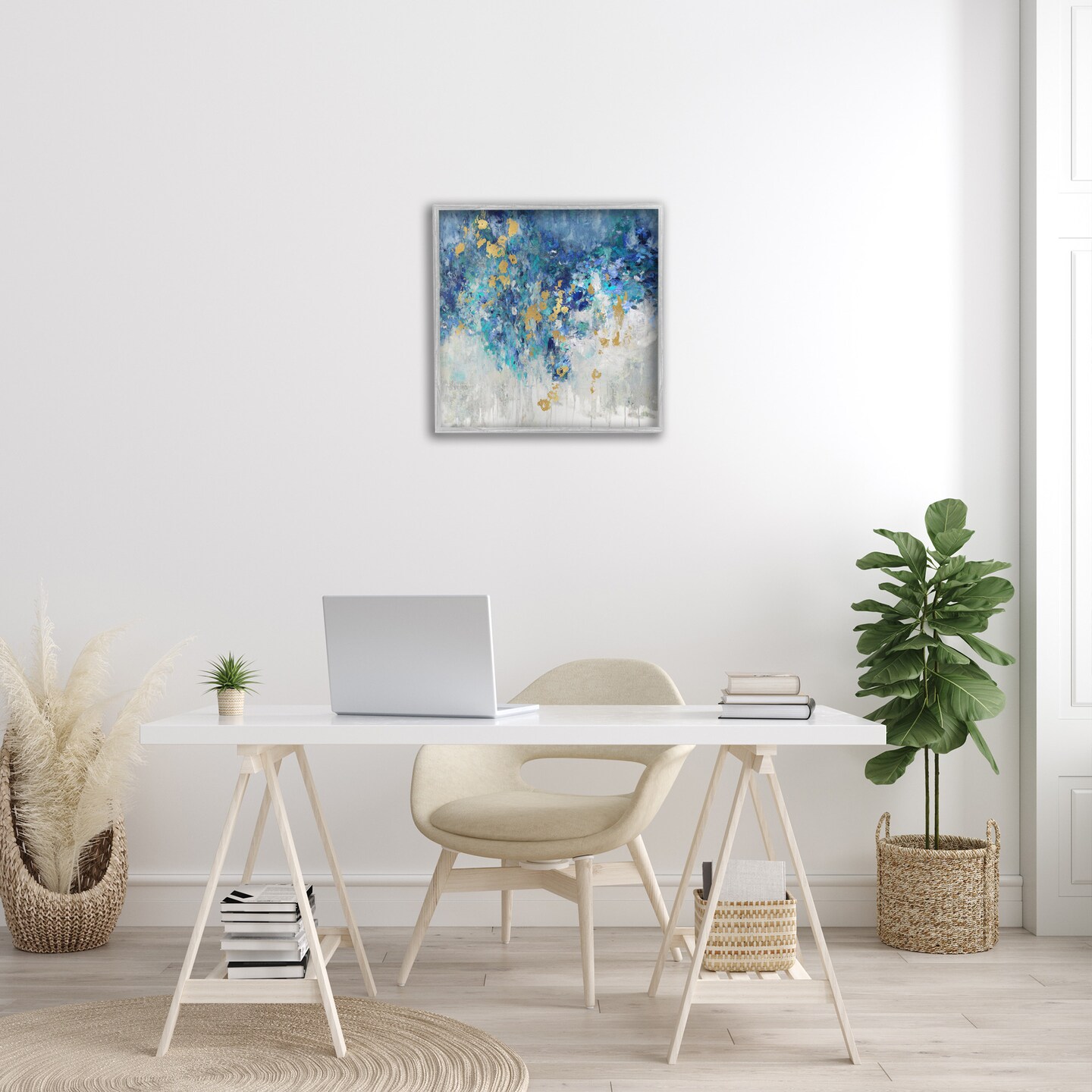 Stupell Industries Abstract Blue Gold Paint Design Framed Giclee Art