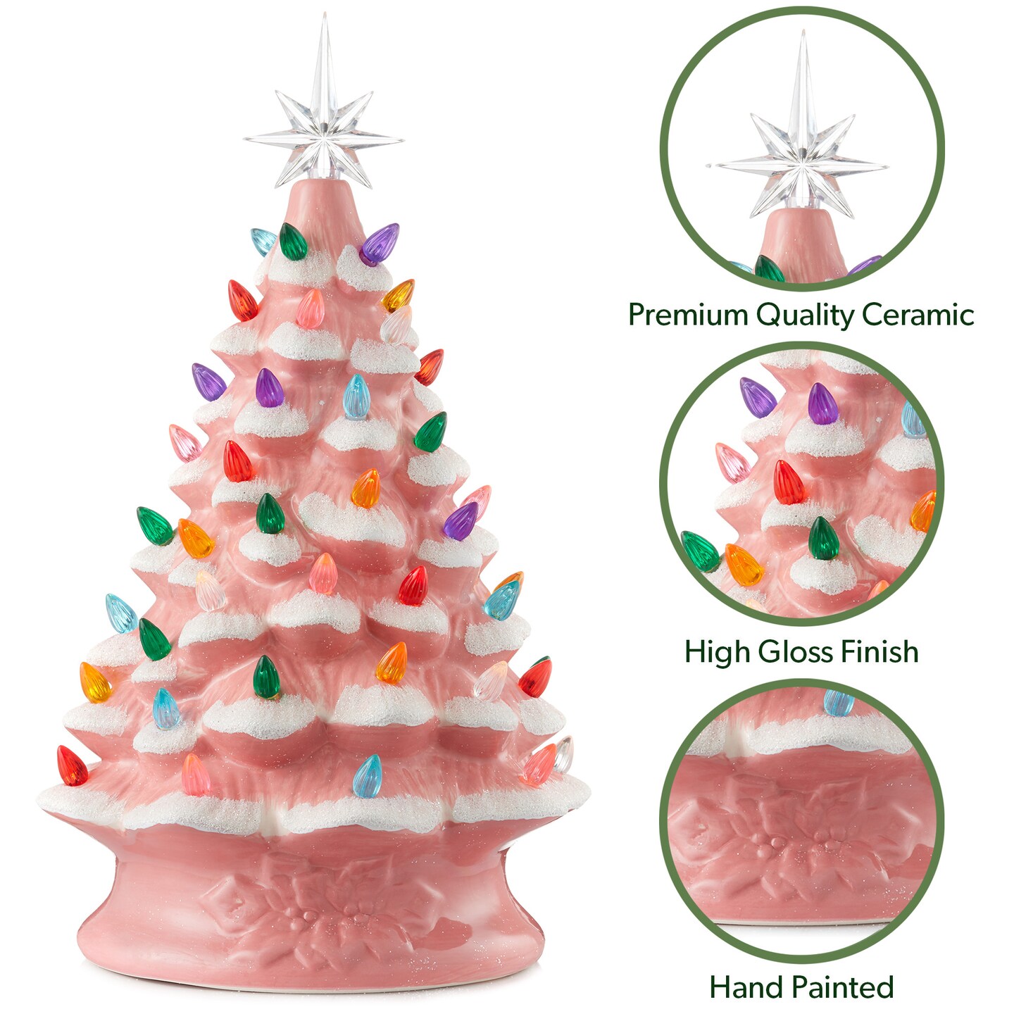 Casafield Hand Painted Ceramic Christmas Tree, Pink Snow Flocked 15-Inch Pre-Lit Tree with 128 Multi Color Lights and 2 Star Toppers
