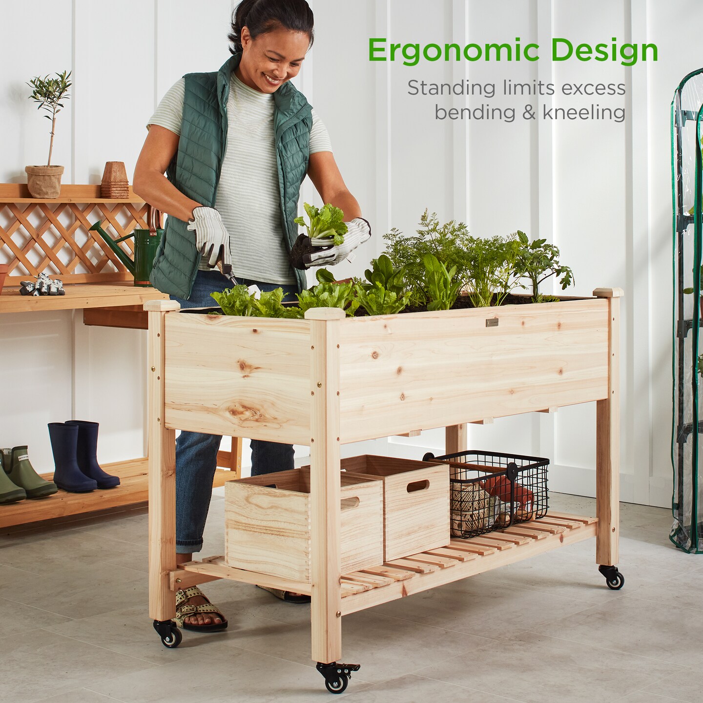 Best Choice Products Raised Garden Bed 48x23x32in Wood Mobile Elevated Planter w/ Wheel Locks, Shelf, Liner