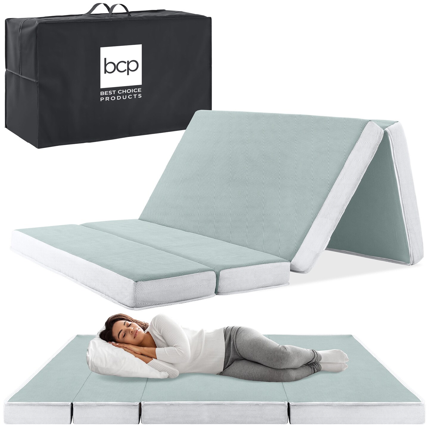 Best Choice Products 4in Thick Folding Portable Seafoam Mattress Topper w/ Carry Case, Washable Cover