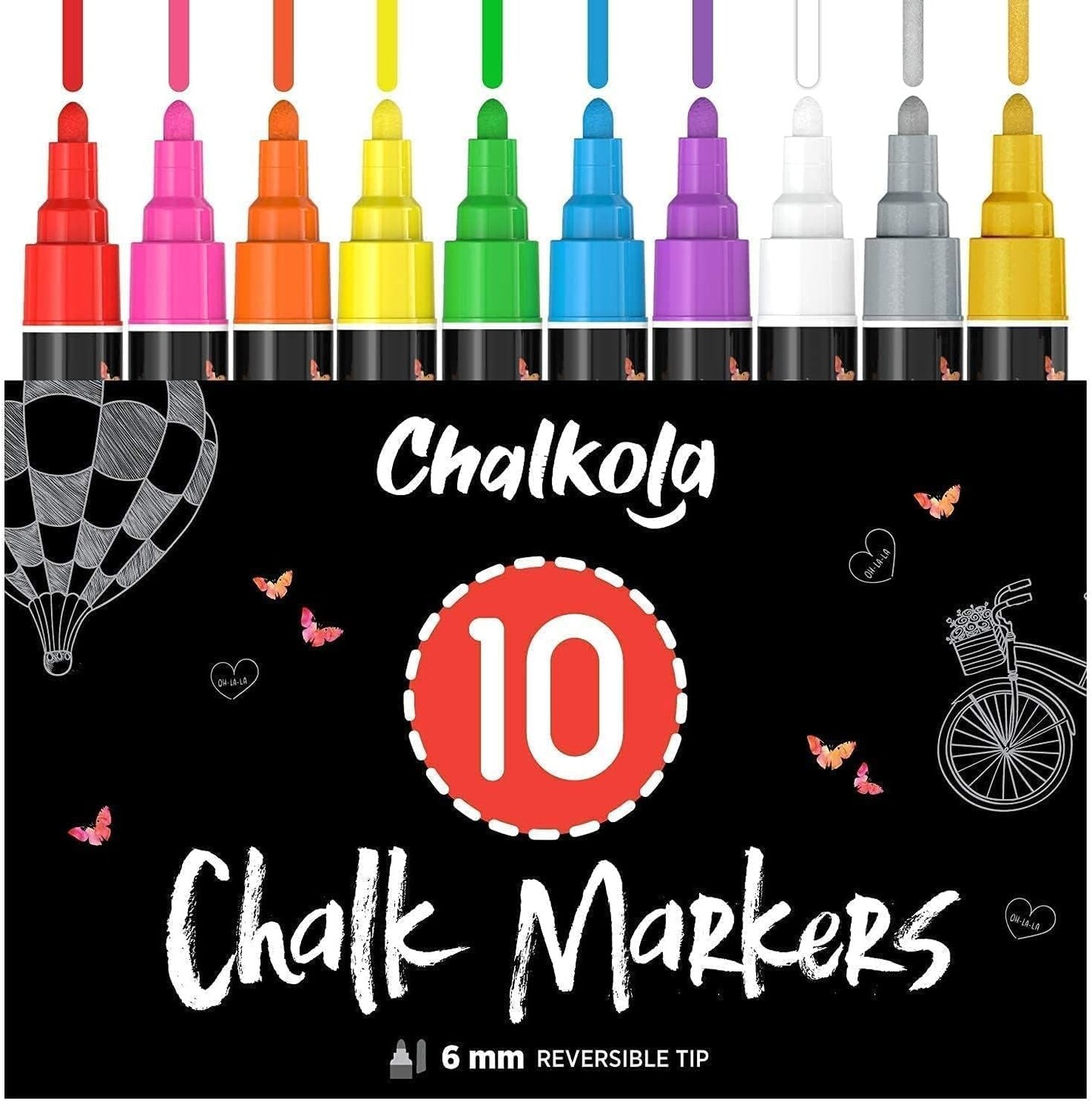 Liquid Chalk Markers Erasable (10 Pack) W/Gold &#x26; Silver - Washable Paint Chalk Pens for Chalkboard Signs, Blackboard, Car Window, Bistro, Glass, Board - Neon Wet Wipe 6Mm Reversible Bold Tip