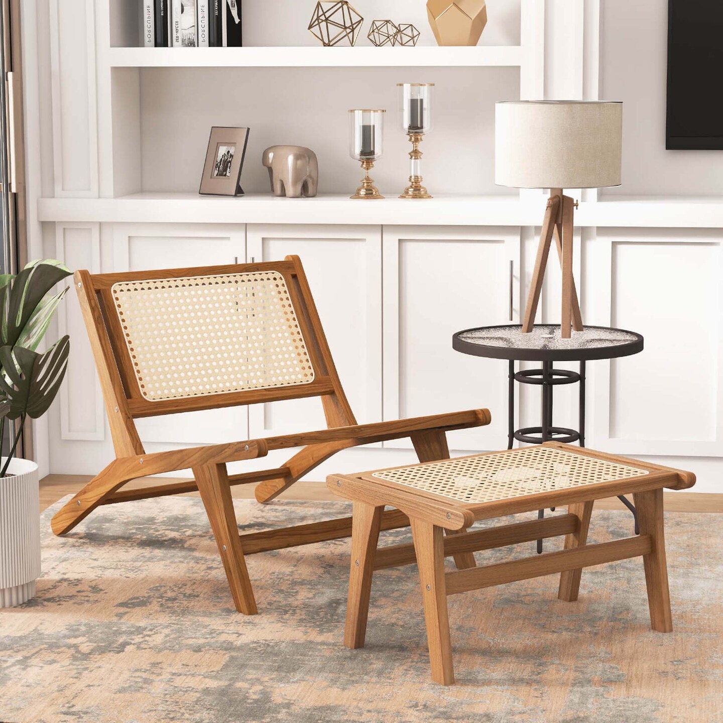 Costway Mid Century Modern Accent Chair with Ottoman Teak Wooden Frame Farmhouse