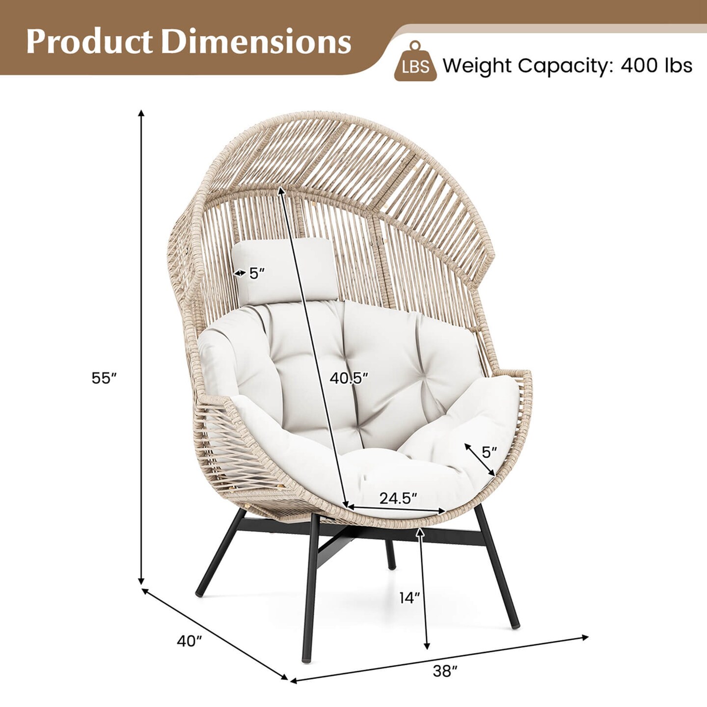 Costway Oversized Egg Style Chair with Cushions &#x26; Headrest Heavy-Duty Metal Frame for Yard Off White/Grey/Black