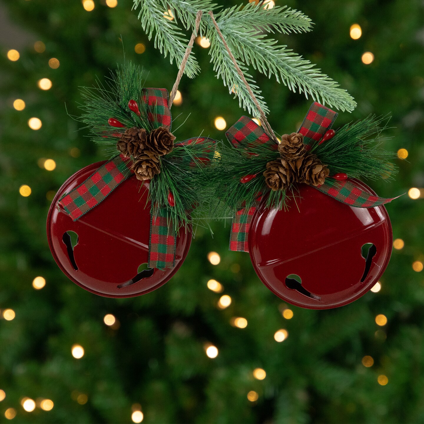 Northlight Jingle Bells with Pinecone Bows Disc Christmas Ornaments - 5&#x22; - Red - Set of 2