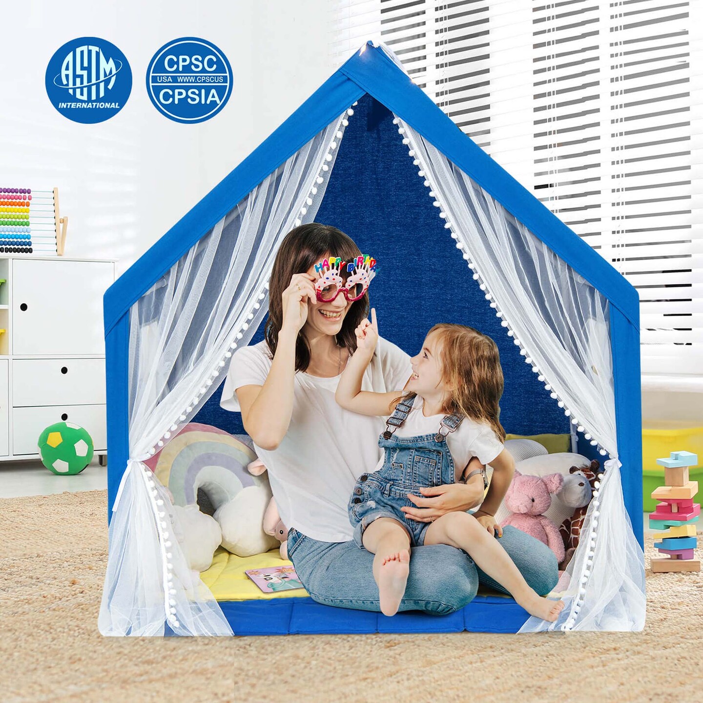 Costway Large Play Tent  Kids &#x26; Toddlers Playhouse with Washable Cotton Mat, Star Lights