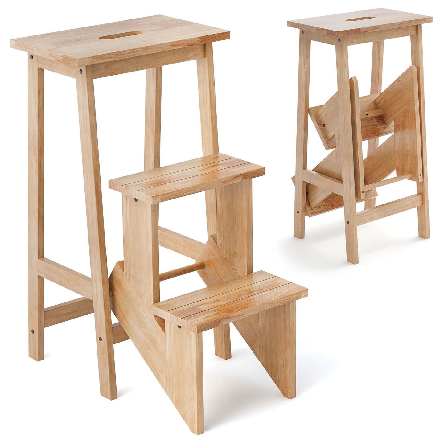 Costway 3 Tier Folding Step Stool 3-in-1 Rubber Wood Ladder Storage Shelf Coffee/Brown/Natural/White