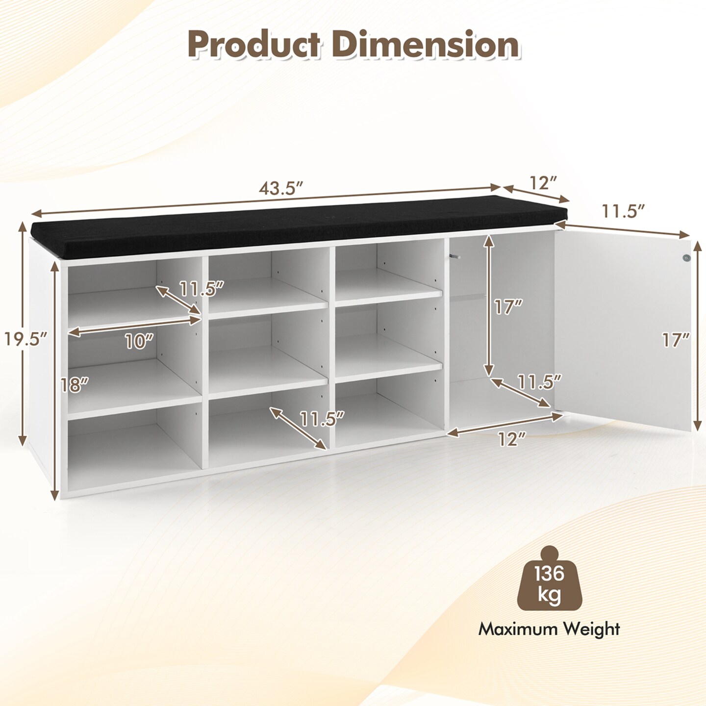 Costway Shoe Bench with Padded Cushion 9-cube Adjustable Storage Shoe Rack White/Grey/Rustic Brown