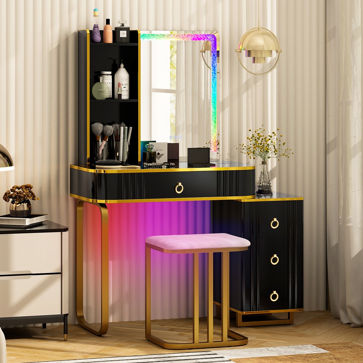 Costway Vanity Table Set with RGB LED Lights Crystal Crush Diamond Mirror Drawers Black/White