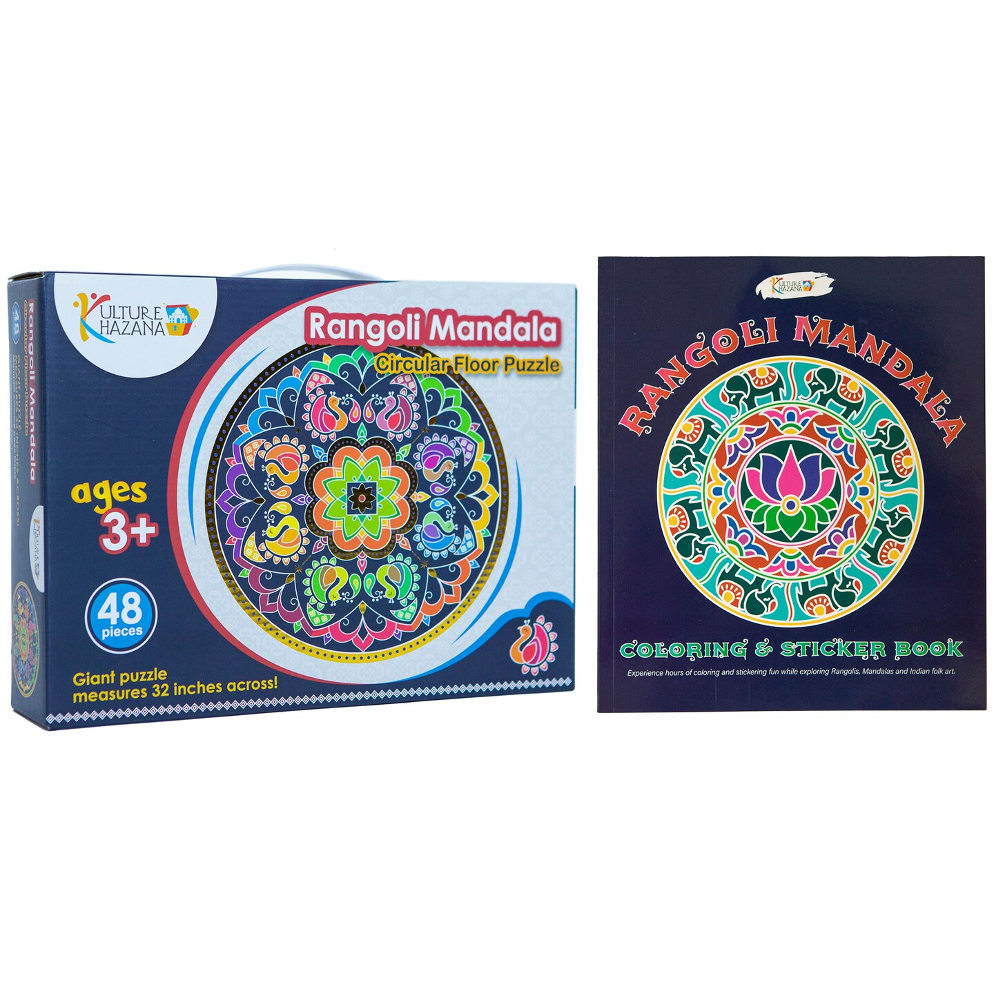 Rangoli Mandala Bundle: Puzzle &#x26; Coloring + Sticker Book - Kulture Khazana, 48 Piece Puzzle, South Asian Art, Ages 3+