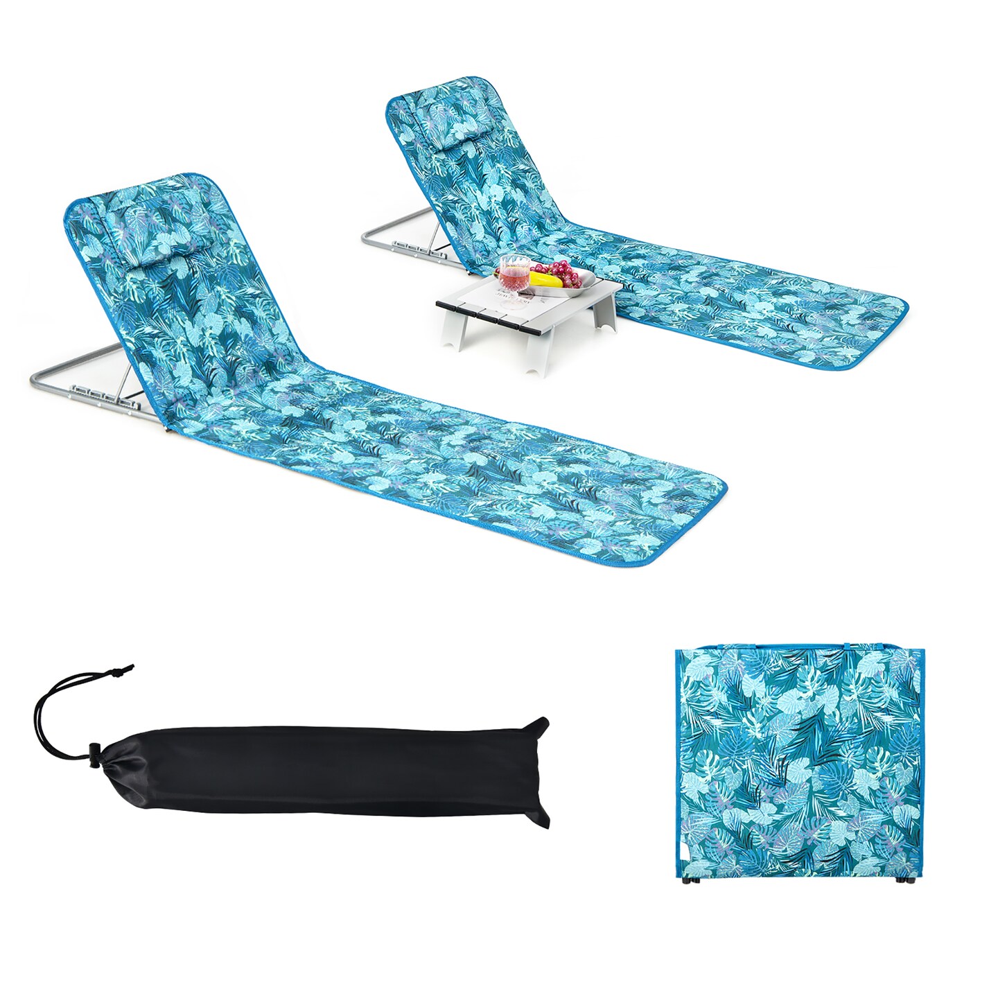 Costway 3-Piece Beach Lounge Chair Mat Set 2 Adjustable Lounge Chairs with Table Blue\Stripe