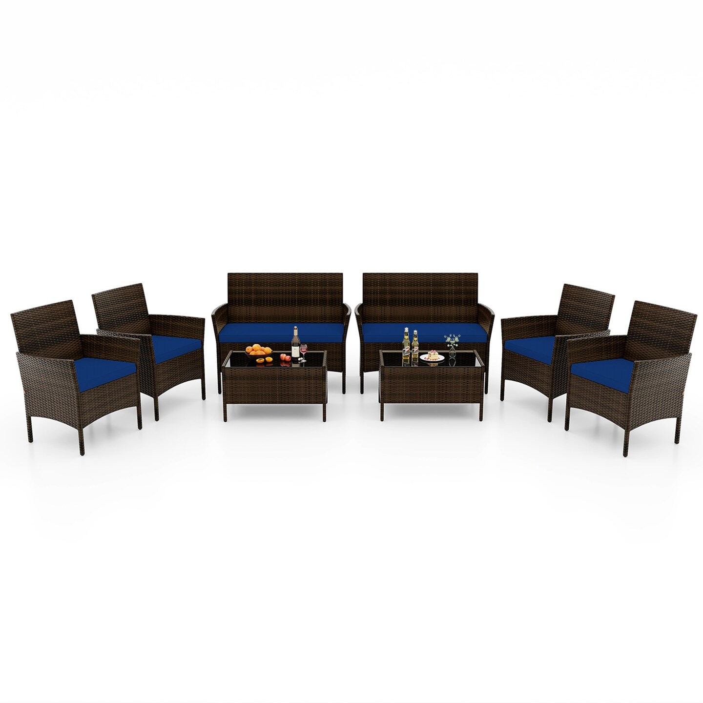 Costway 8 PCS Patio Furniture Set with Washable Cushions and Tempered Glass Coffee Table Black/Grey/Navy/Turquoise/Red/Blue/Orange