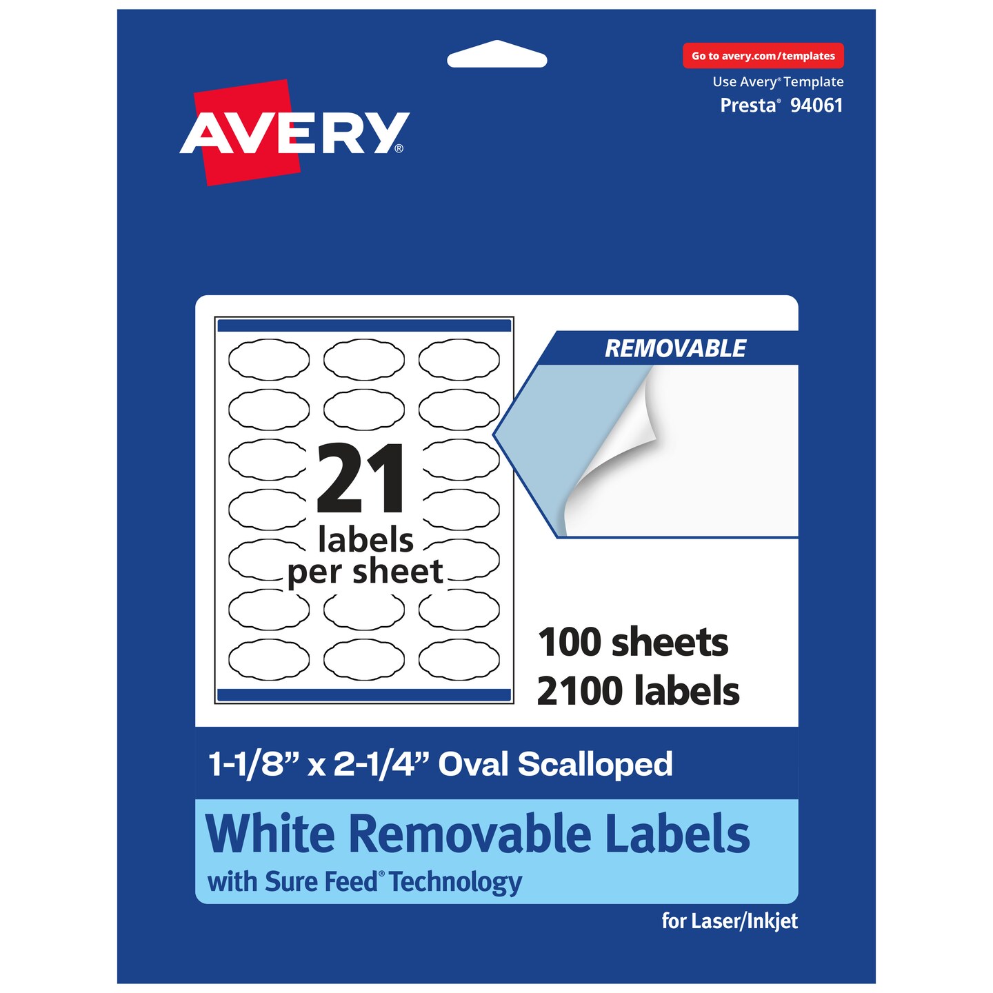 Avery Matte White Removable Oval Scalloped Labels with Sure Feed Technology, Print-to-the-Edge, 1-1/8" x 2-1/4"