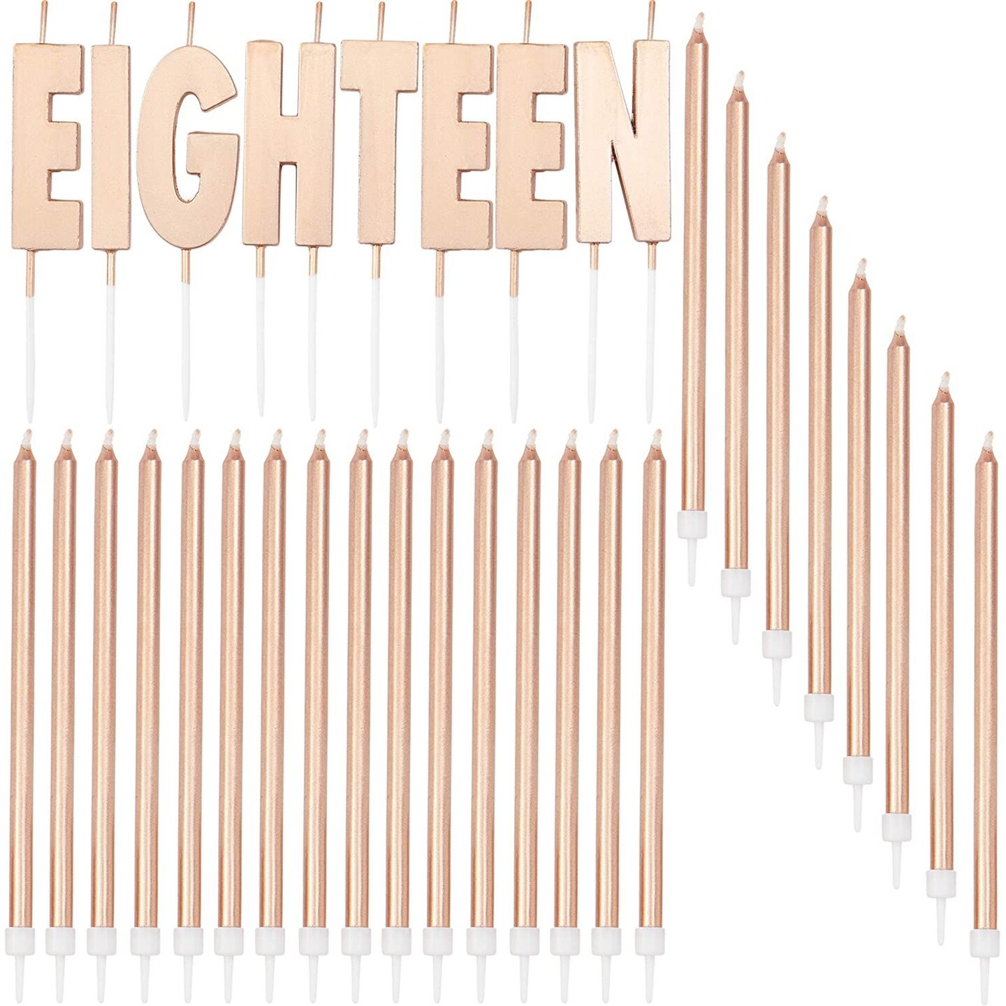 Eighteen Birthday Cake Topper Letters with Thin Candles and Holders (32 Pack)