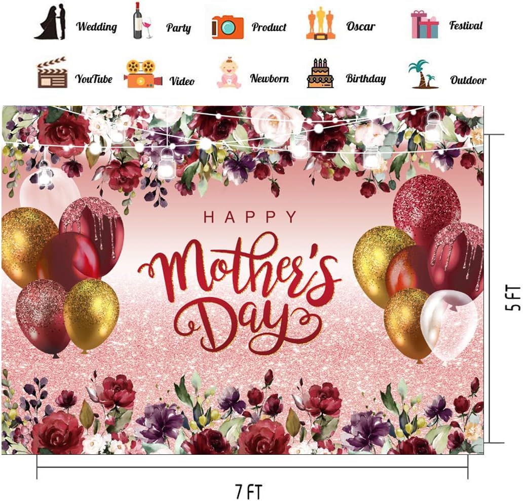 7X5ft Mother's Day Background Flowers Balloons Party Background Mothers Day Party Decoration Banner Happy Mother's Day Background CY-222
