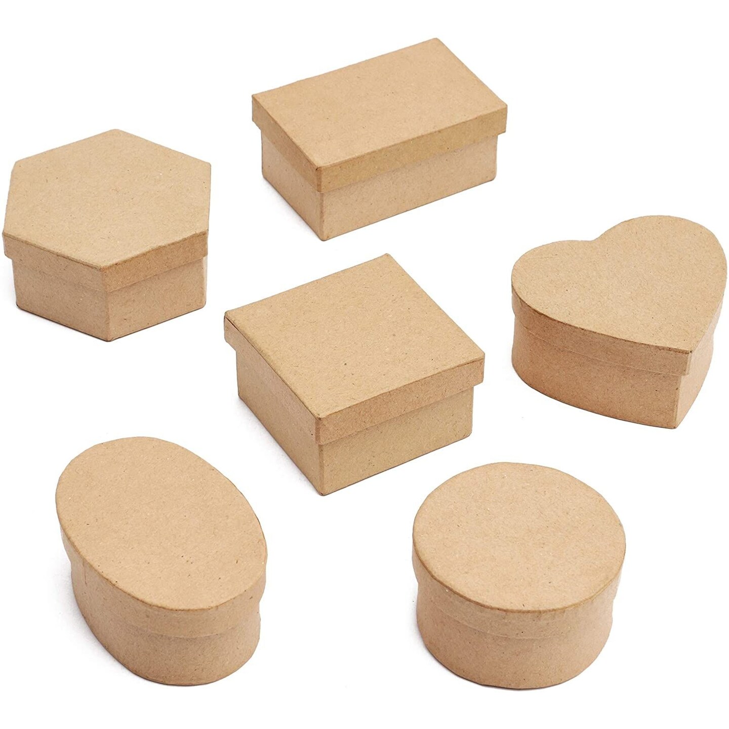6 Pack Mini Paper Mache Gift Boxes with Lids for DIY Craft, Storage (6 Shapes, Kraft Brown Color)
