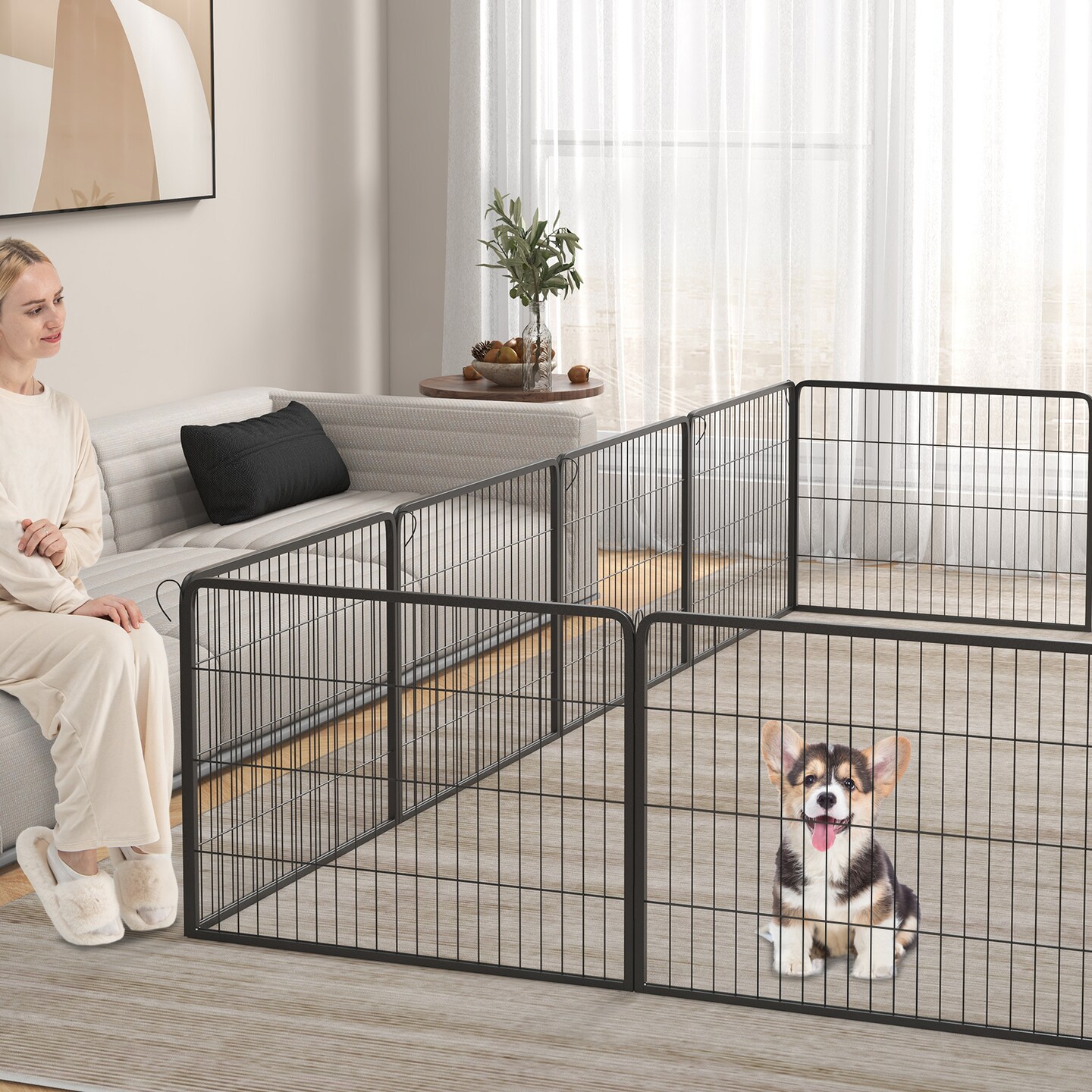 Black Metal Dog Playpen with Lockable Door and Customizable Size Options