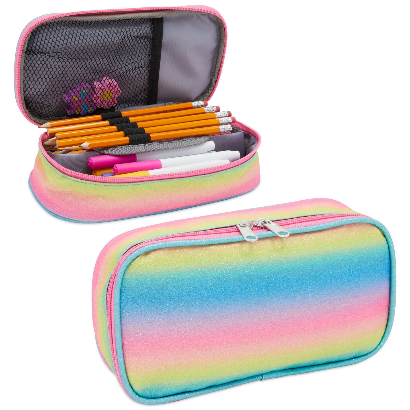 Bright Creations Rainbow Glitter Pencil Case for Girls, Glitter Pencil Box, Marker Case, Large Compressible Capacity Pencil Pouch for School, Art and Office Supplies (9 x 4.6 In)