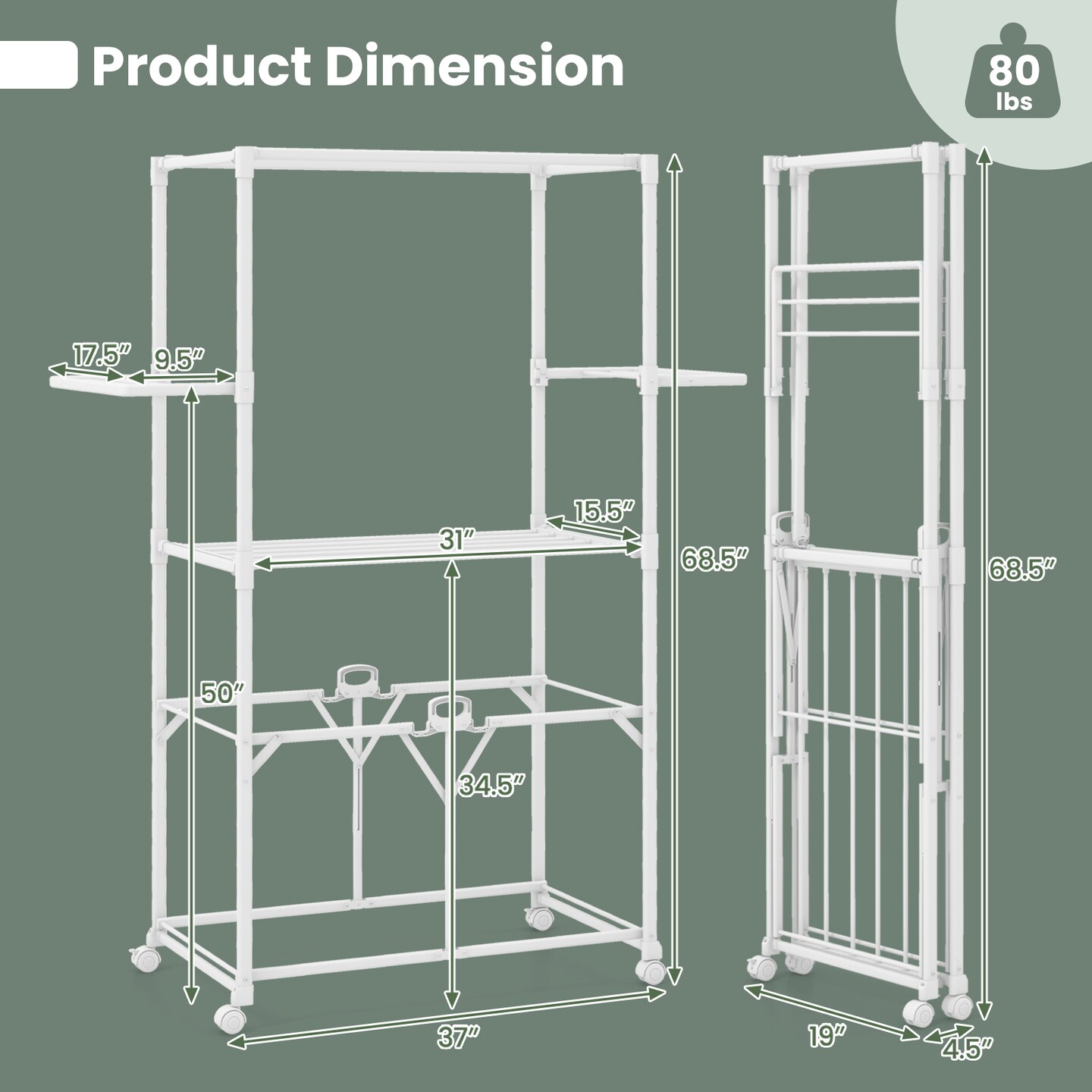 White Foldable Aluminum Drying Shelves Rack with Hanging Rods and Lockable Wheels