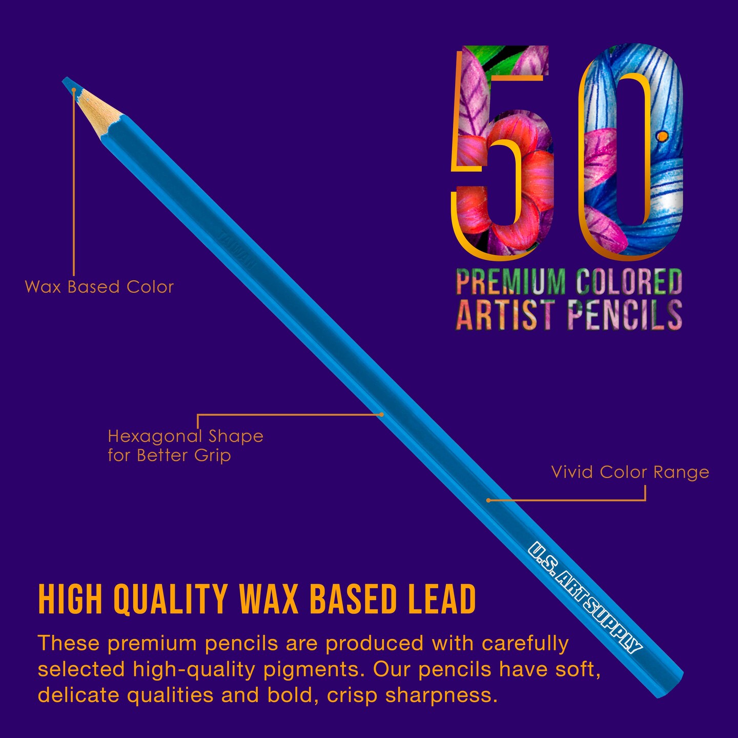 U.S. Art Supply 50 Piece Adult Coloring Book Artist Grade Colored Pencil Set with Case - Vibrant Colors, Smooth Art Drawing, Sketching, Kids Students