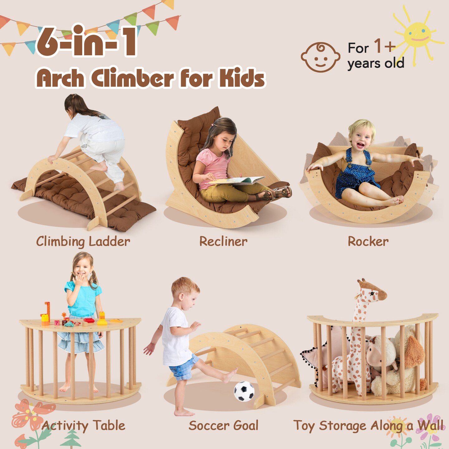 6-in-1 Montessori Arch Climber with Cushion, Toy Storage and Anti-Tip Feet