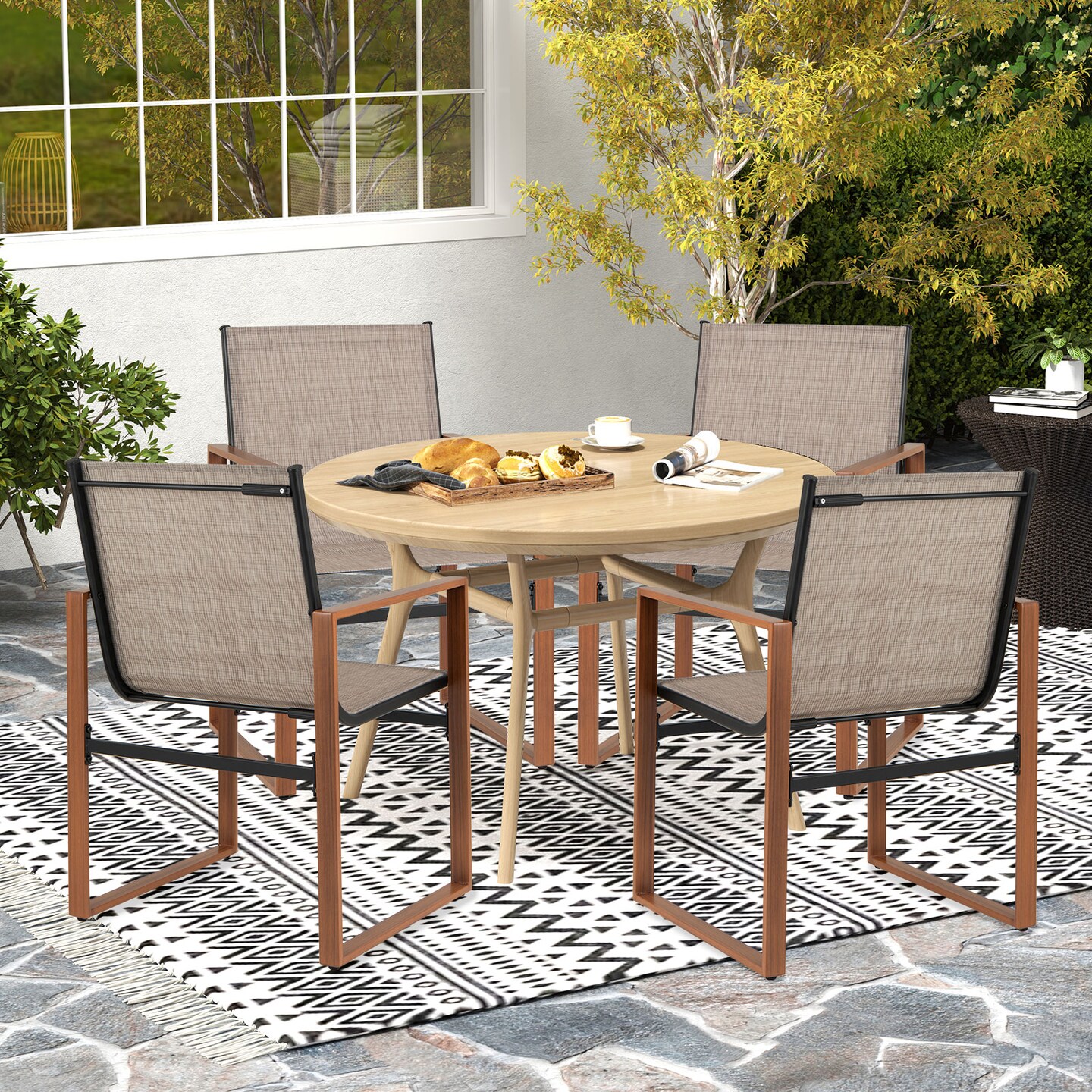 Fabric Patio Dining Chairs Set of 2 with Metal Frame, Ergonomic Design and Adjustable Foot Pads