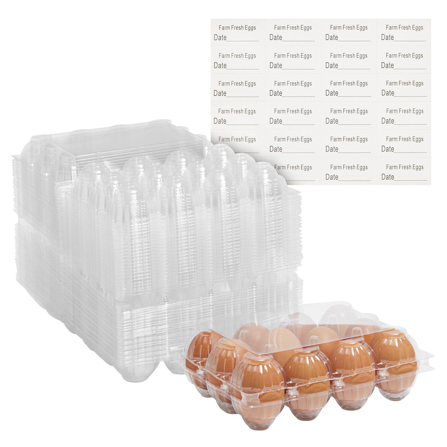 48-Pack Plastic Egg Cartons, Holds 1 Dozen with Date Labels Included, Bulk Pack of Reusable Egg Cartons for Chicken Eggs, Home Ranch, Farm, Commercial Use, Market Display