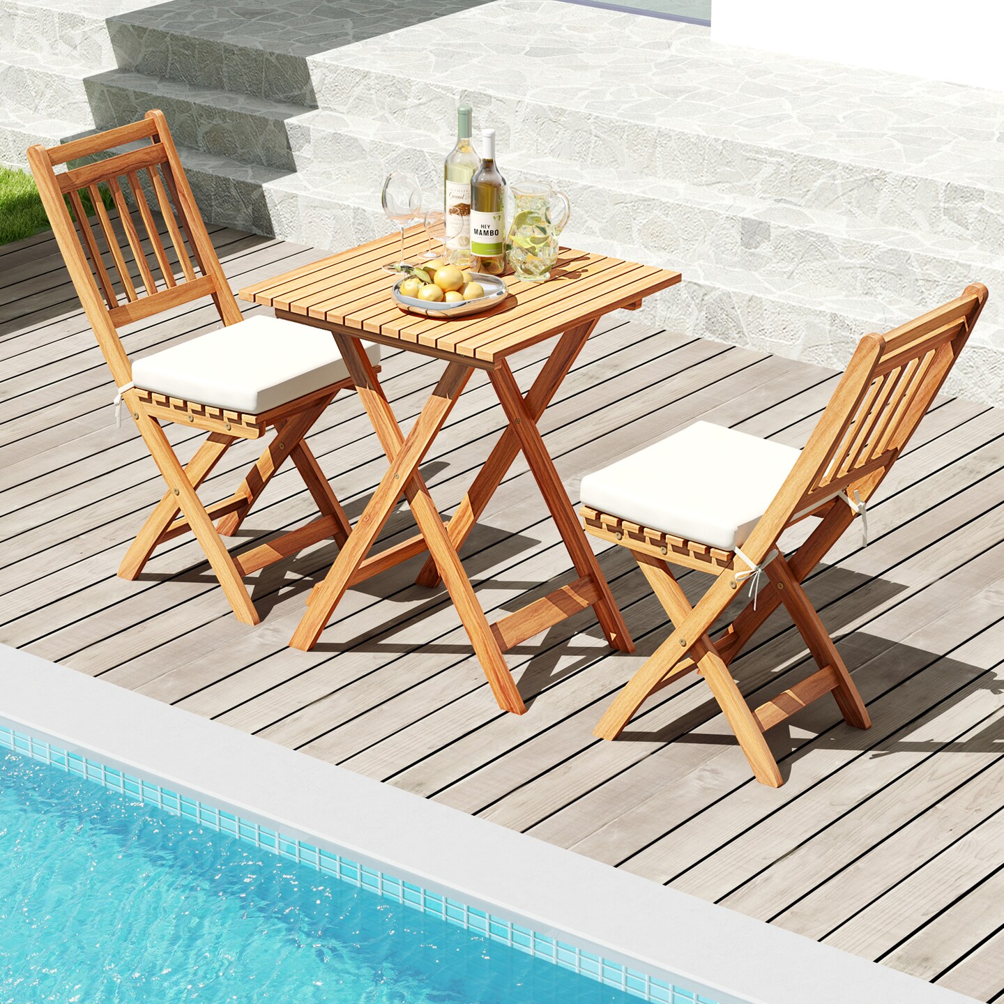 3 Pieces Acacia Wood Patio Bistro Set with Soft Seat Cushions Ideal for Outdoor Use