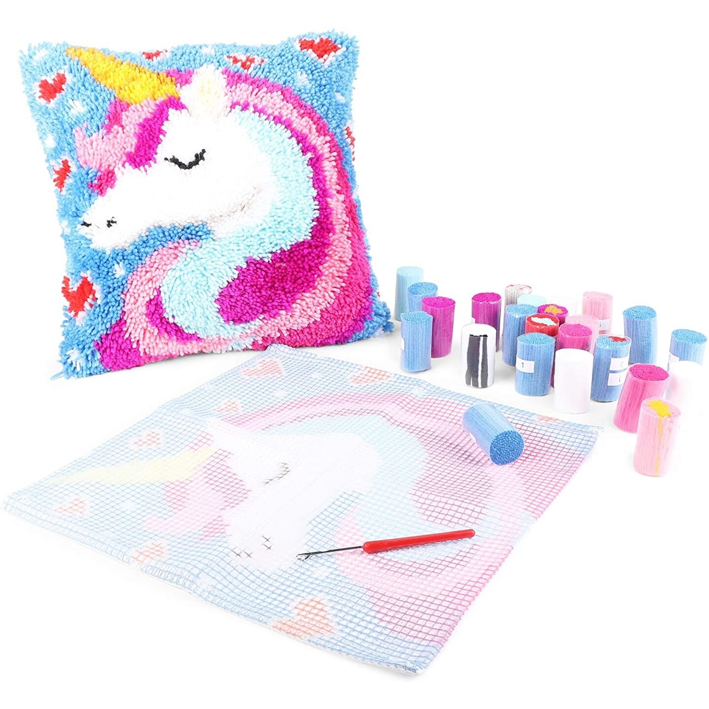 Unicorn Latch Hook Pillow Kits for Adults and Kids Beginners with Printed Canvas, Colorful Yard - DIY Craft Needlework Cushion Cover