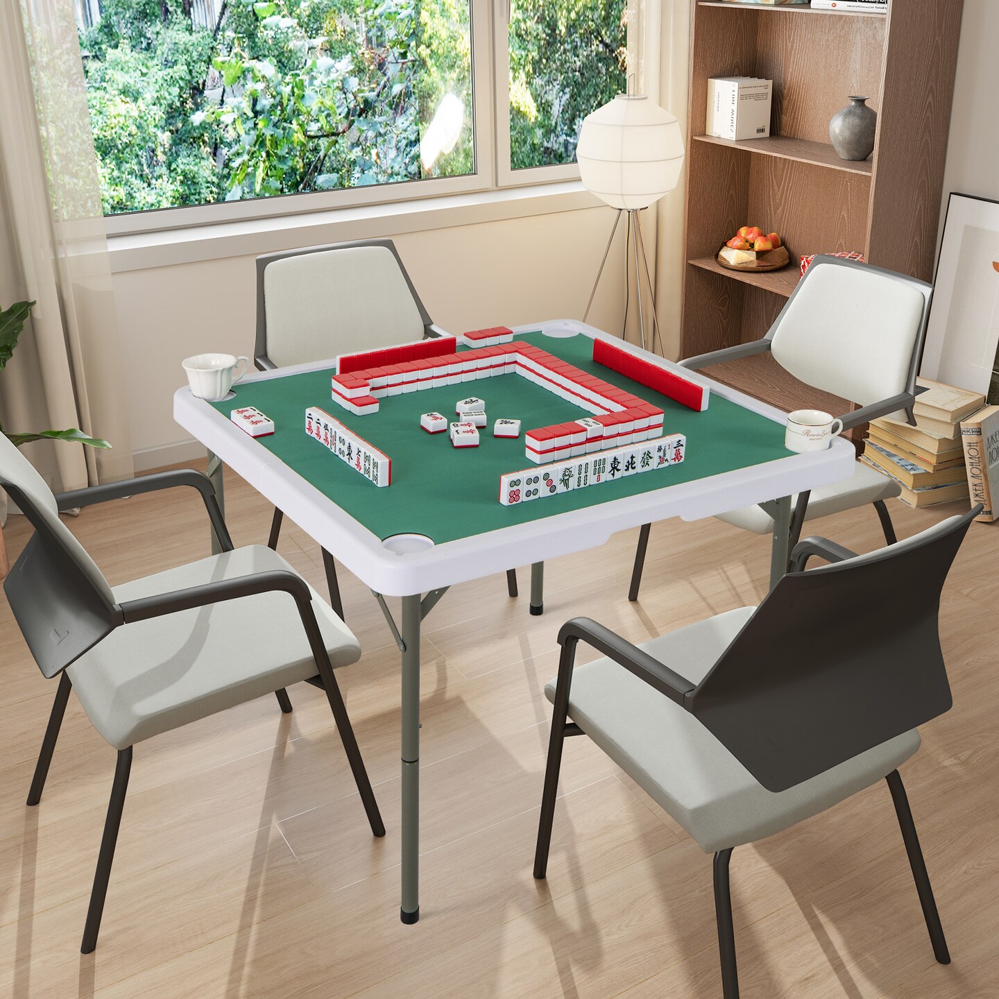 Portable Folding Mahjong Table with Cup Holders and Game Mat