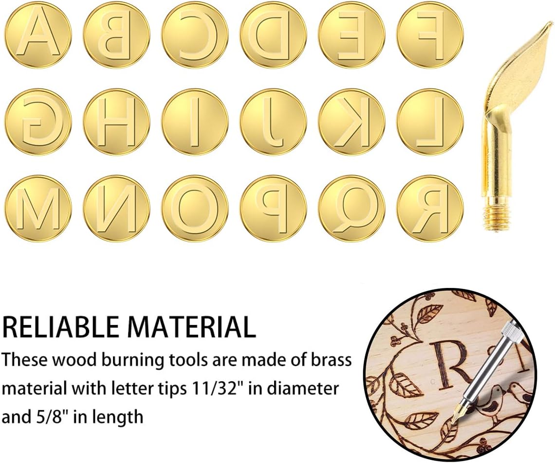 56Pcs Wood Burning Tip Set Letter Wood Burning Tool Including Alphabet Number Symbol Brass Alphabet Number Template for DIY Embossing Carving Craft Wood Burning