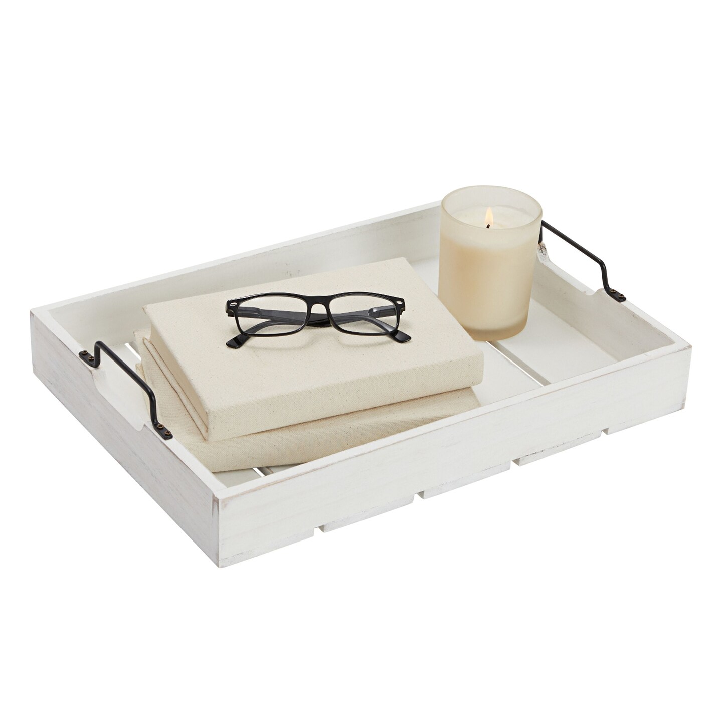 Rustic Wooden Serving Tray with Metal Handles for Coffee Table, Farmhouse Home Decor (White, 16.3 x 11.6 x 3.25 In)