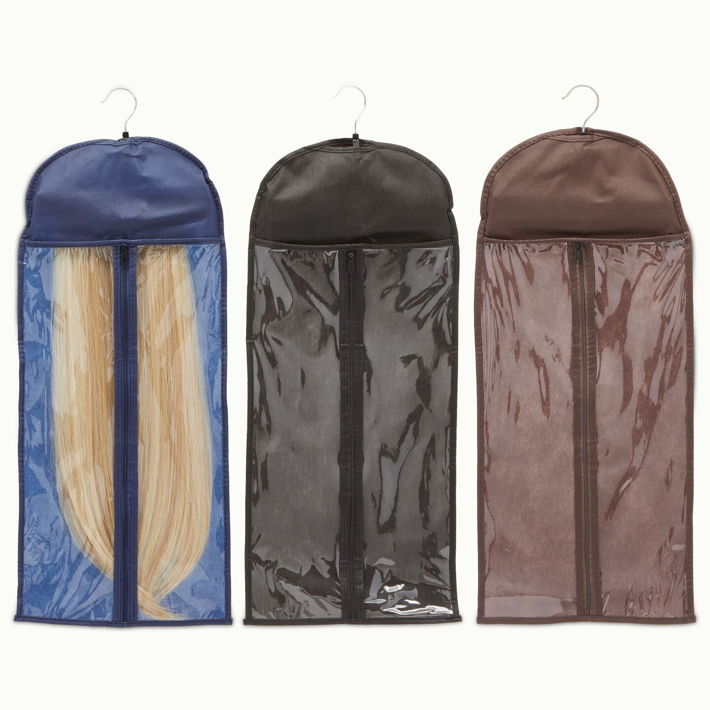 3-Pack Hair Extension Holder and Hanger, 25.5-Inch Wig Storage Bag for Travel Fits Hair Extensions up to 24 Inches Long with Soft Slip-Resistant Locking Hangar Grip (3 Colors)