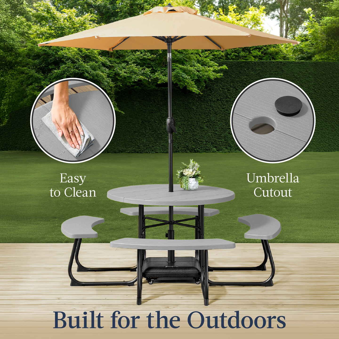 Best Choice Products 8-Person Circular Outdoor Picnic Table w/ 4 Benches, Umbrella Hole, 2000lb Capacity