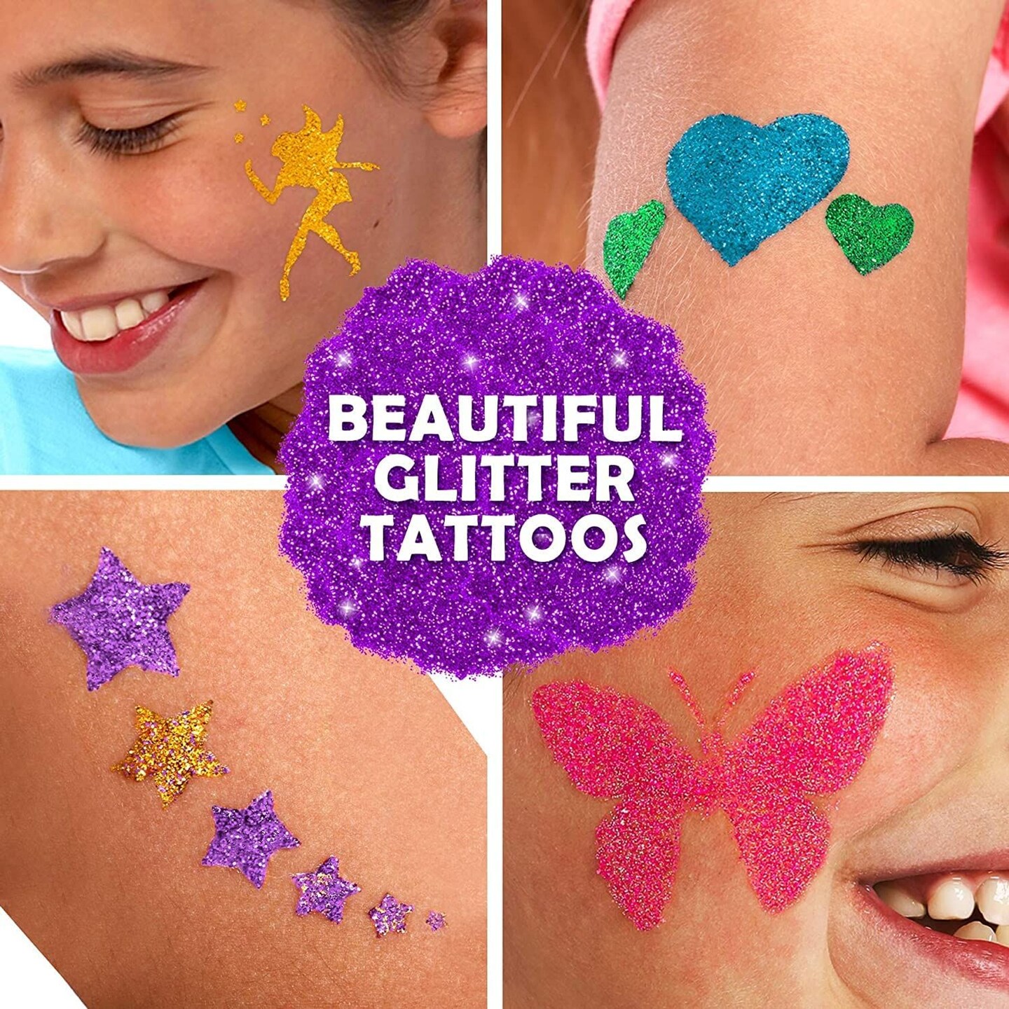 Original Stationery 33-Piece Glitter Tattoos Set, Face and Skin-Friendly with 24 Stencil Designs, 6 Colorful Cosmetic Glitters, 2 Brushes and Body Adhesive, Easter Sleepover Party Supplies for Girls