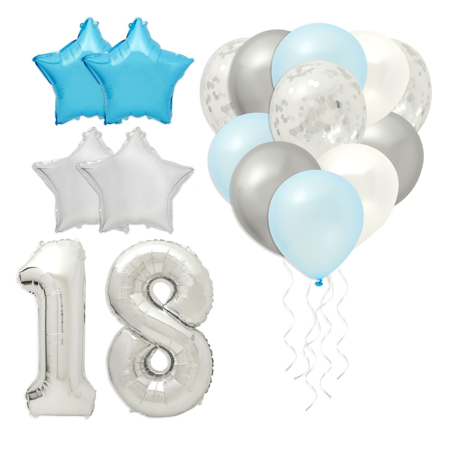18th Birthday Balloons, Silver Number 18, Stars Party Decorations (Blue, 46 Pieces)