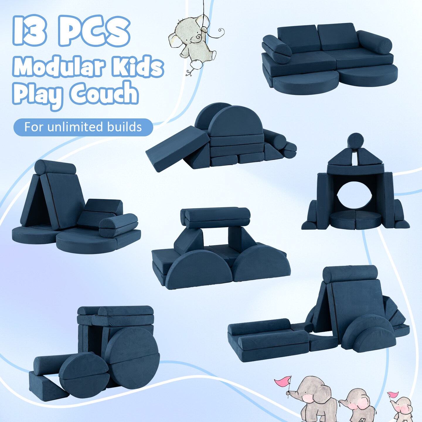 Velvet Suede 13-Piece Kids Modular Play Couch, Soft and Safe Design