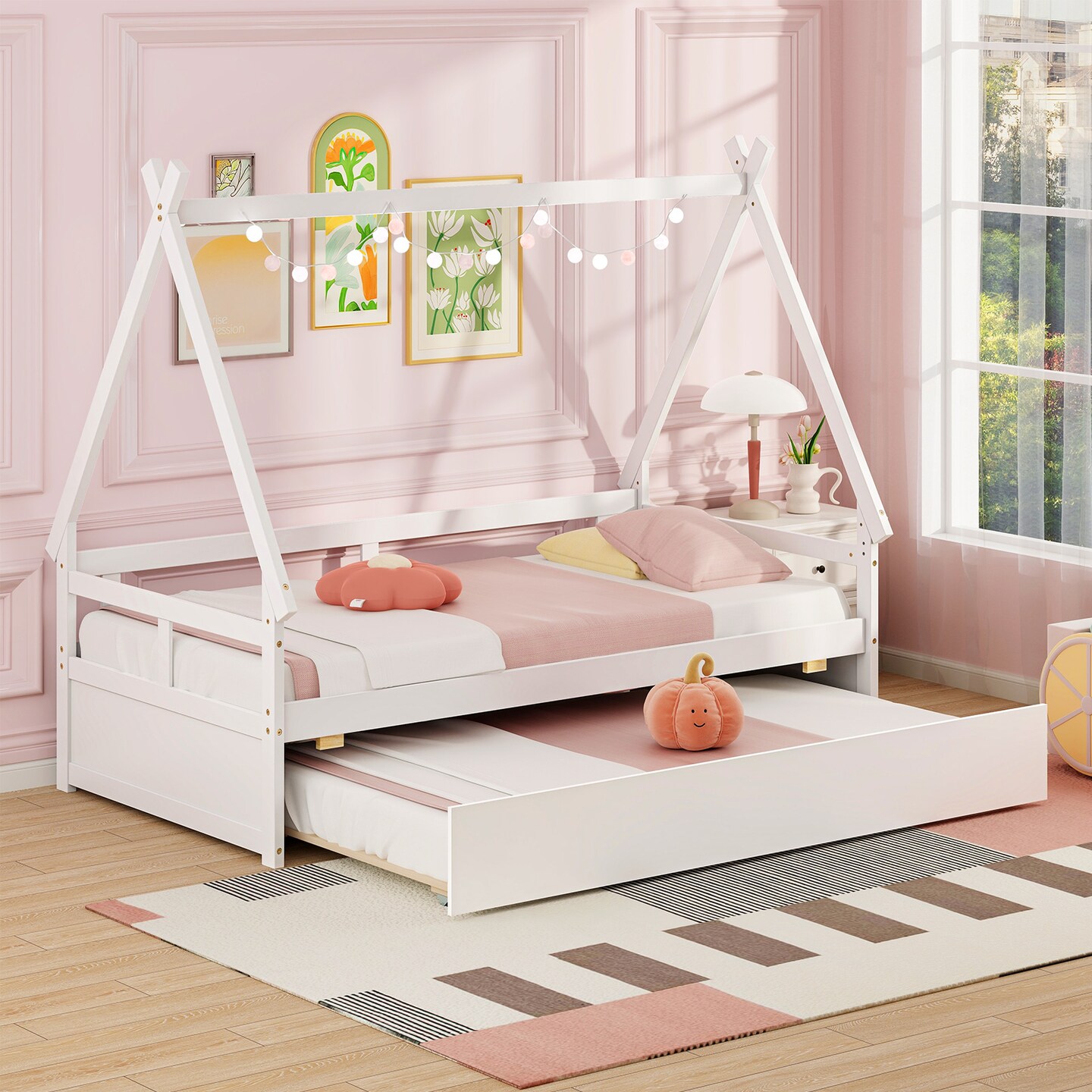 Twin Size House Frame Bed with Trundle, Wooden Construction and Creative Design