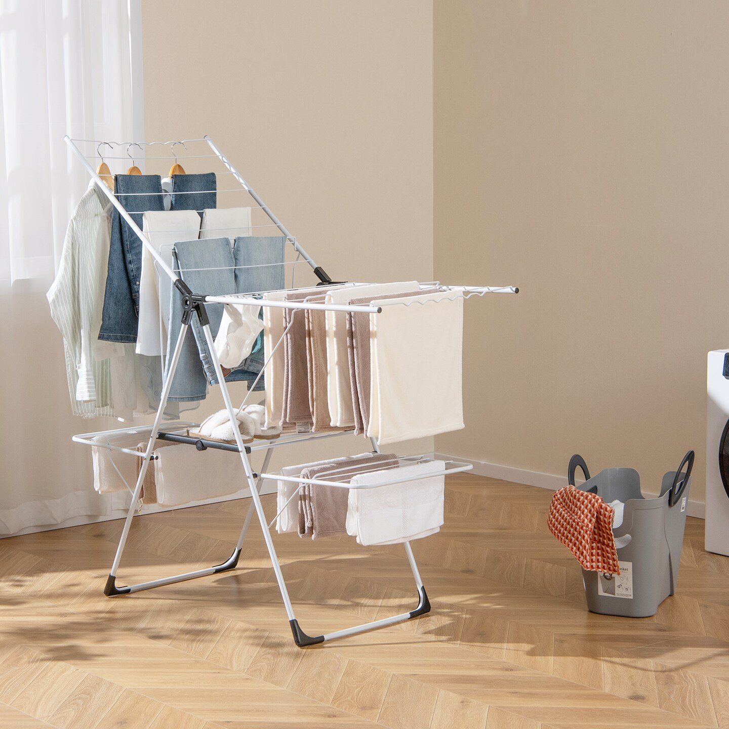 2-Level Freestanding Foldable-Portable Laundry Drying Rack with Height Adjustable Wings