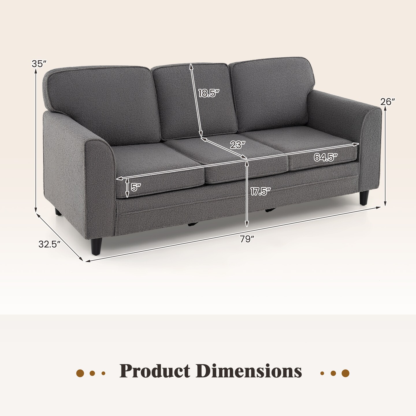 Modern 3-Seater Sofa Couch with Soft Teddy Velvet Ergonomic Cushions Wood Legs for Living Room