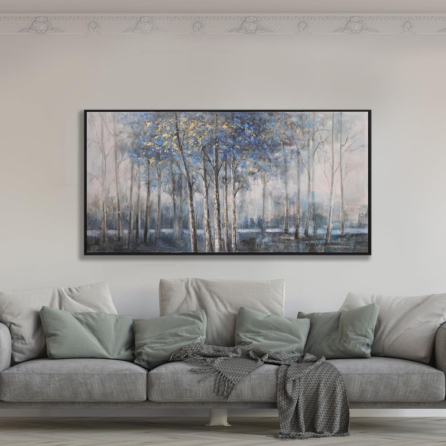 Framed Nature Canvas Wall Art – Misty Forest, Blue & Grey Abstract Trees for Living Room, Bedroom, Apartment Decor