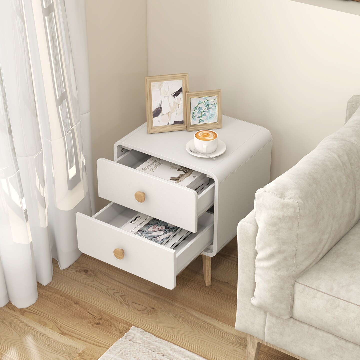 MDF and Rubber Wood Nightstand with 2 Drawers and Mid-Century Modern Design