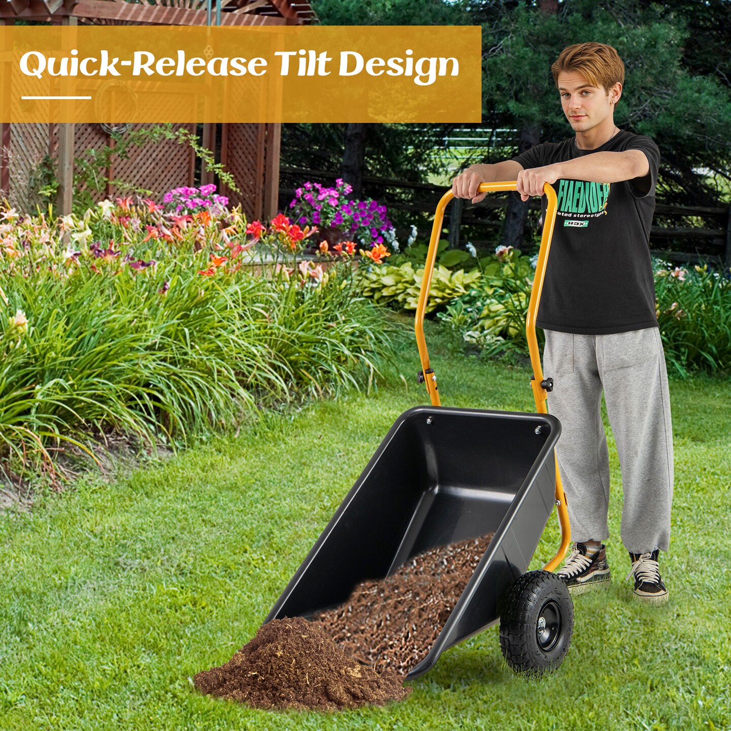 Folding Garden Cart with Dual-Wheel Wheelbarrow and 330lbs Capacity