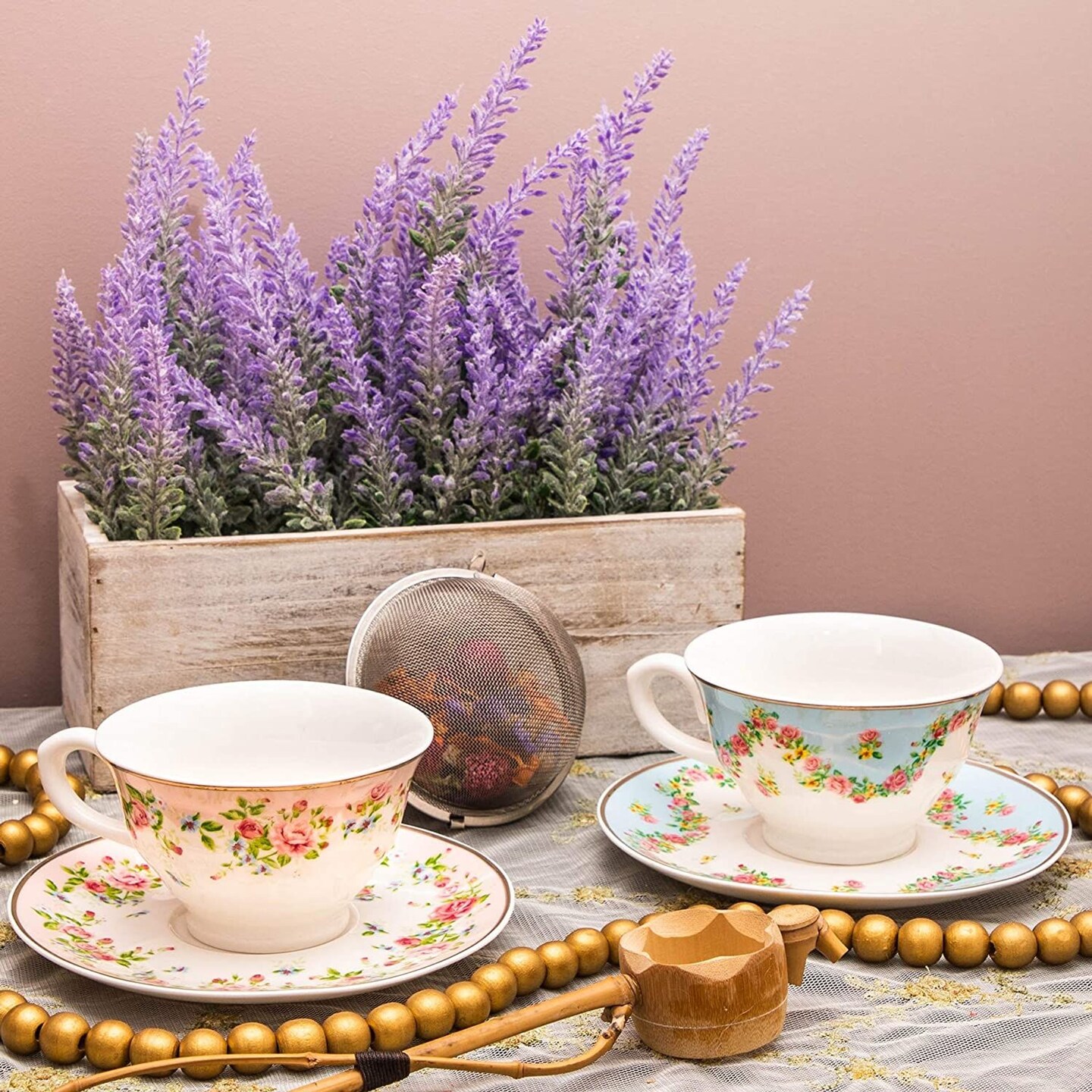 Set of 6 Vintage Floral Tea Cups and Saucers for Tea Party Supplies, Perfect for Bridal Showers, Garden Parties, Brunch Gatherings, Afternoon Teas &#x26; Receptions (Blue, Pink, 8oz)
