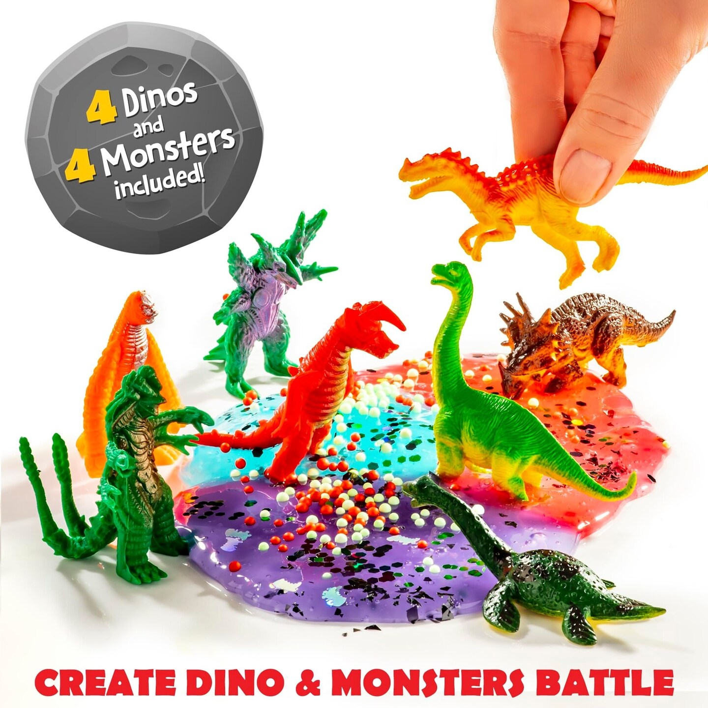 Original Stationery Dinosaur and Monsters Battle Slime Kit, Slime Pack with 14 Premade Slimes for Boys, Dinosaur Toy Molds and Dino Toys Figures