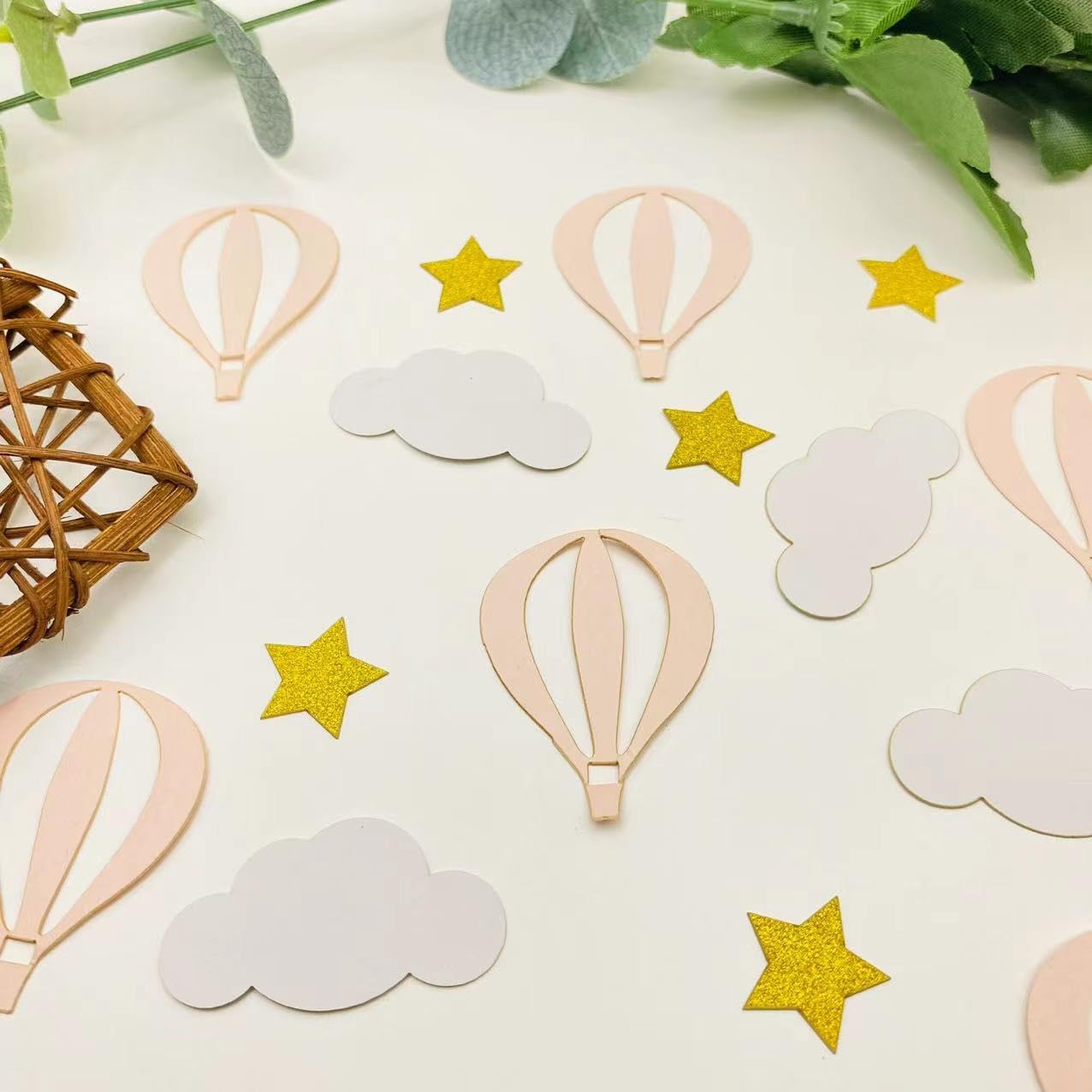 Glitter Gold Star White Clouds and Pink Hot Air Balloons Paper Confetti for Children Boys Girls Baby Shower Summer Birthday Wedding Theme Party Decorations, 100PCS