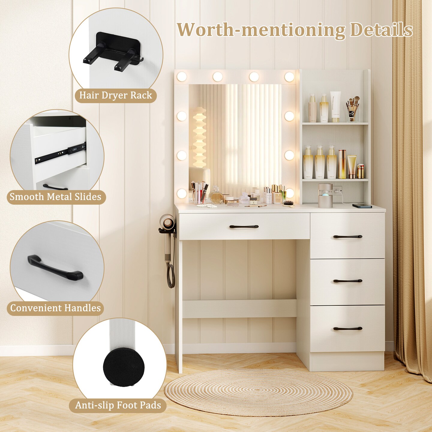 MDF Vanity Desk with Mirror, 3-Color Lighting, Storage and Charging Station