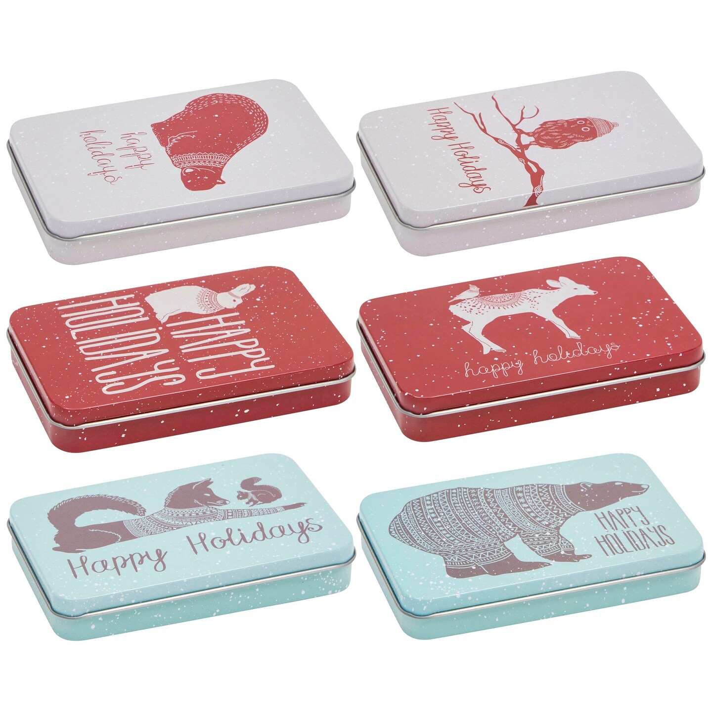 6 Pack Tin Christmas Gift Card Boxes With Lids for Stocking Stuffers, 6 Winter Animals Designs (5 x 3.25 In)