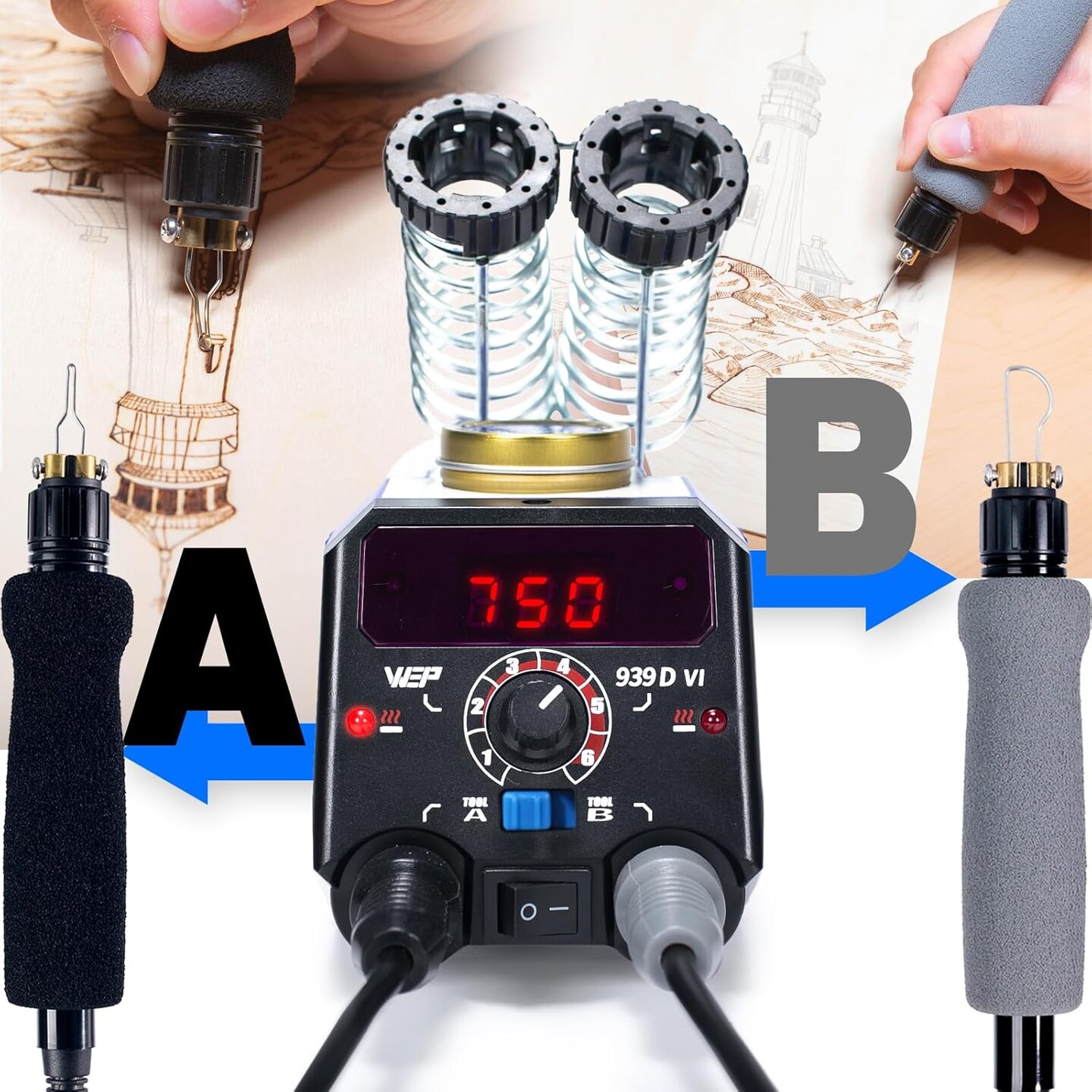 939D-VI Dual Pen Wood Burning Kit – 2 Detachable Pens, 250–750℃, 20 Tips, Dual-Barrel Holder.