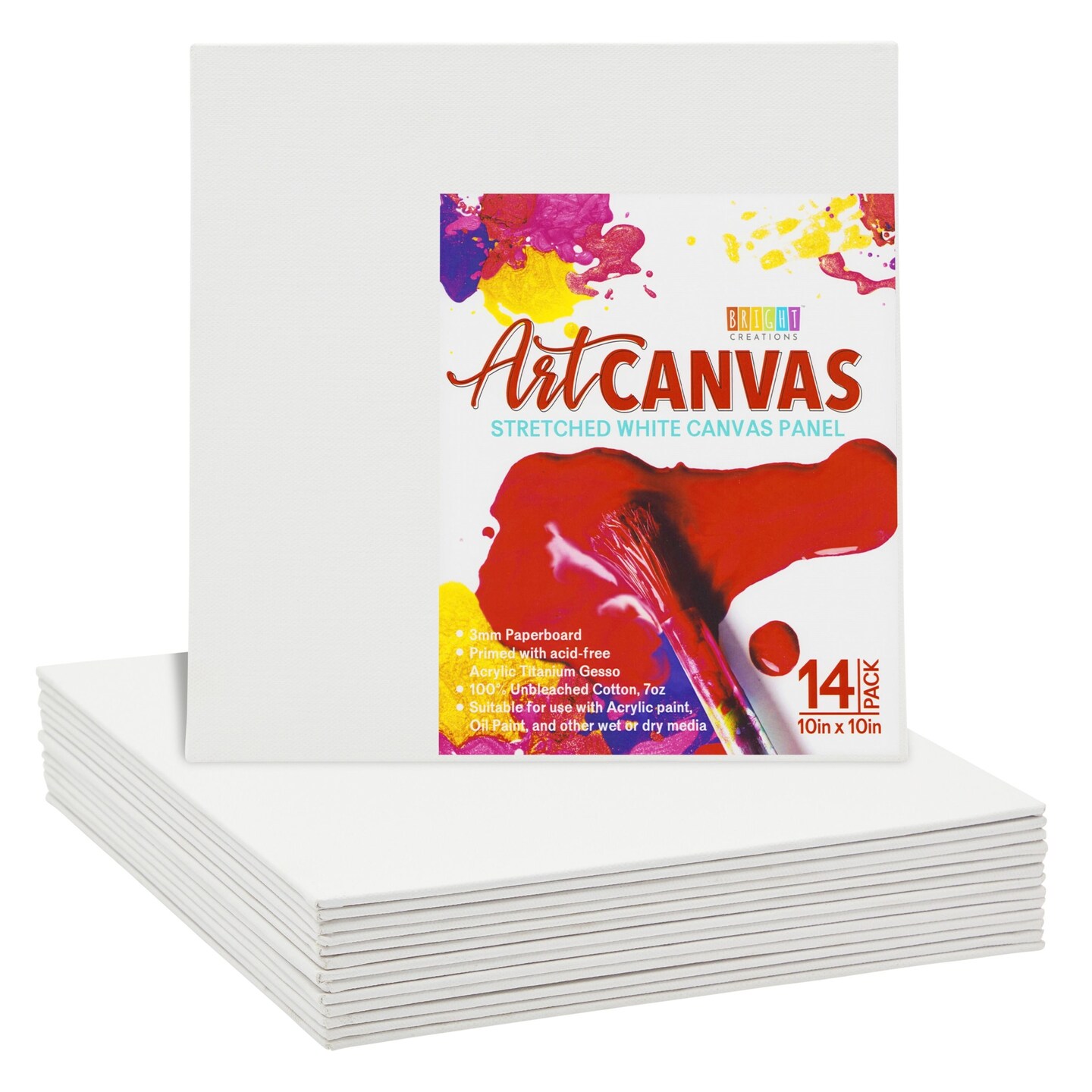 14-Pack Art Canvas, 10x10-Inch Stretched White Canvas Panel, 3mm Thick Paperboard Primed with Acid-Free Acrylic Titanium Gesso, Suitable for Acrylic and Oil Paints and Other Wet or Dry Media