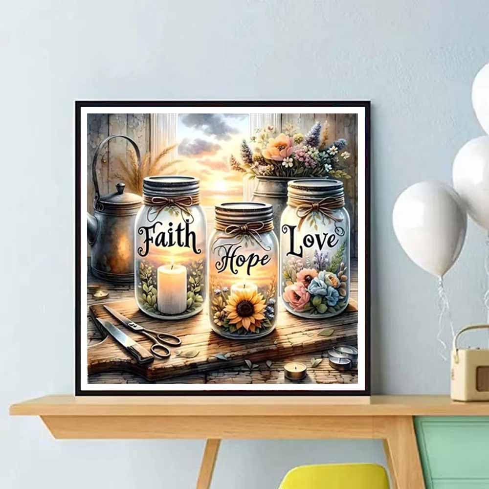 5D Diamond Painting Kits for Beginner,Faith,Hope,Love Wishing Bottle Diamond Art kit for Adults,DIY Diamond Dots with Diamond Gem Art and Crafts for Adults Home Wall Decor 11.8x11.8inch